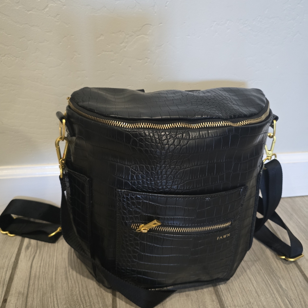Black Croc-Embossed Crossbody Bag with Gold Accents